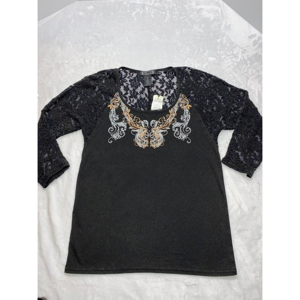 NWT Ladies Cody James & Shyanne Charcoal Lace Sleeve Shirt Size Medium